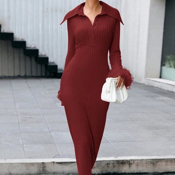 Red Preppy Womens Fuzzy Cuff Ribbed Knit Bodycon Dress - Picture 3 of 5